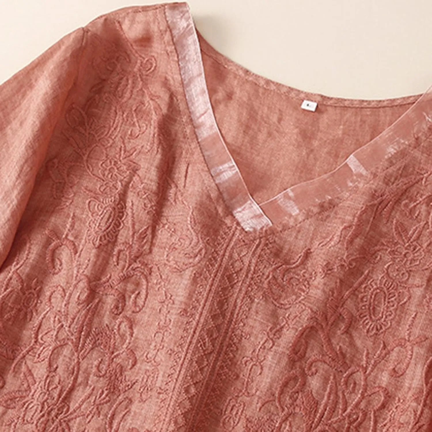 2025 Women Floral Embroidery Linen Shirts 3/4 Sleeve V Neck Peasant Tops Blouses Vintage Boho Ethnic Tees Pullover