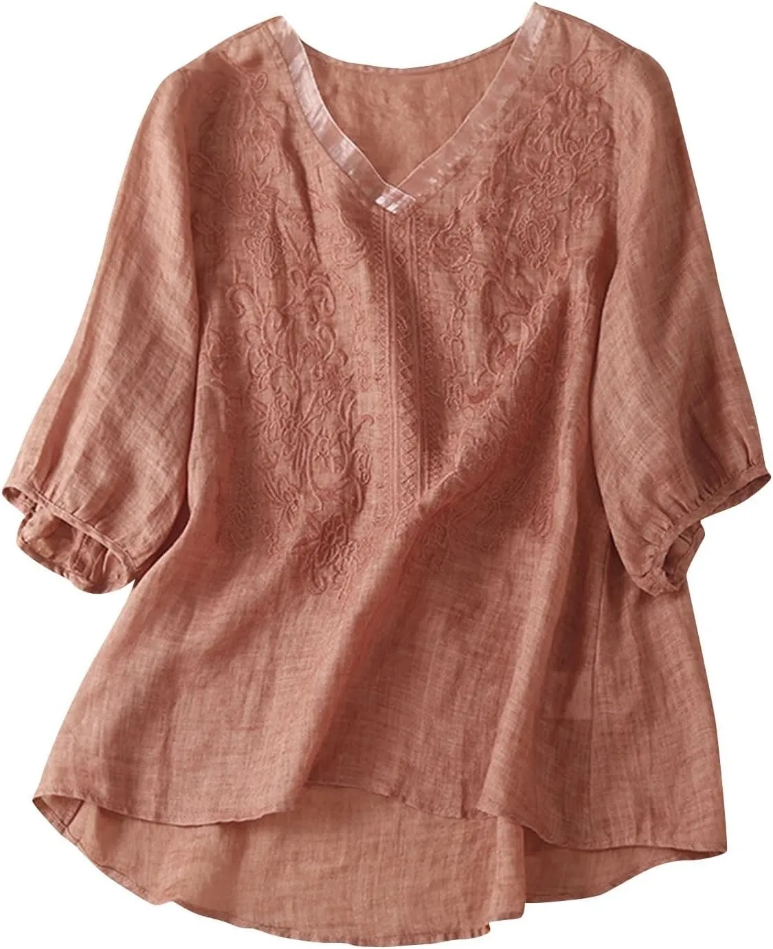 2025 Women Floral Embroidery Linen Shirts 3/4 Sleeve V Neck Peasant Tops Blouses Vintage Boho Ethnic Tees Pullover