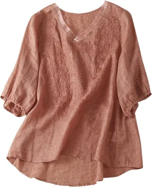 2025 Women Floral Embroidery Linen Shirts 3/4 Sleeve V Neck Peasant Tops Blouses Vintage Boho Ethnic Tees Pullover