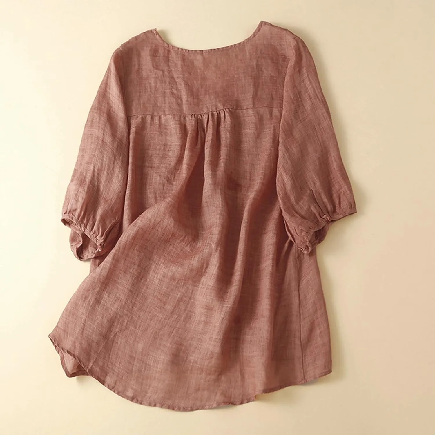 2025 Women Floral Embroidery Linen Shirts 3/4 Sleeve V Neck Peasant Tops Blouses Vintage Boho Ethnic Tees Pullover