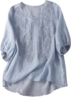 2025 Women Floral Embroidery Linen Shirts 3/4 Sleeve V Neck Peasant Tops Blouses Vintage Boho Ethnic Tees Pullover
