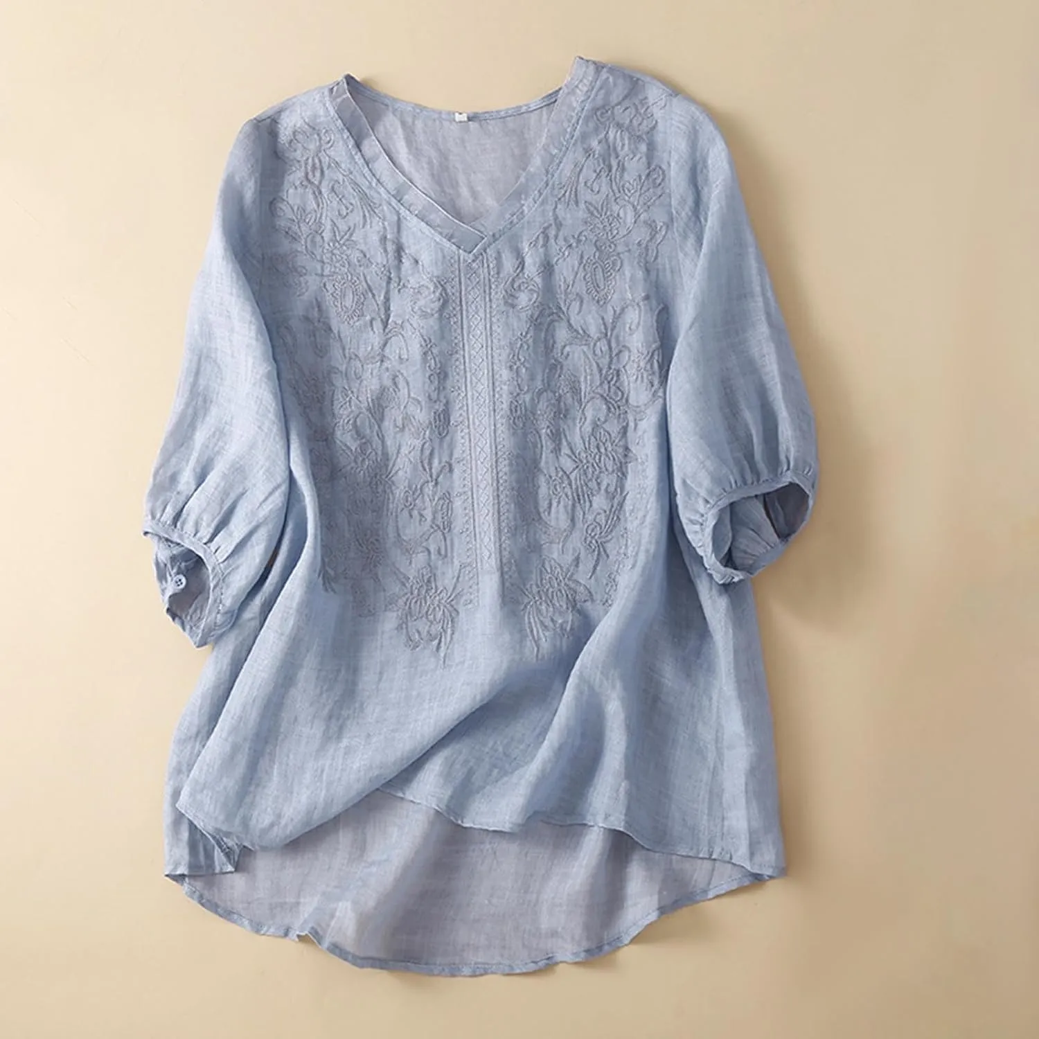 2025 Women Floral Embroidery Linen Shirts 3/4 Sleeve V Neck Peasant Tops Blouses Vintage Boho Ethnic Tees Pullover
