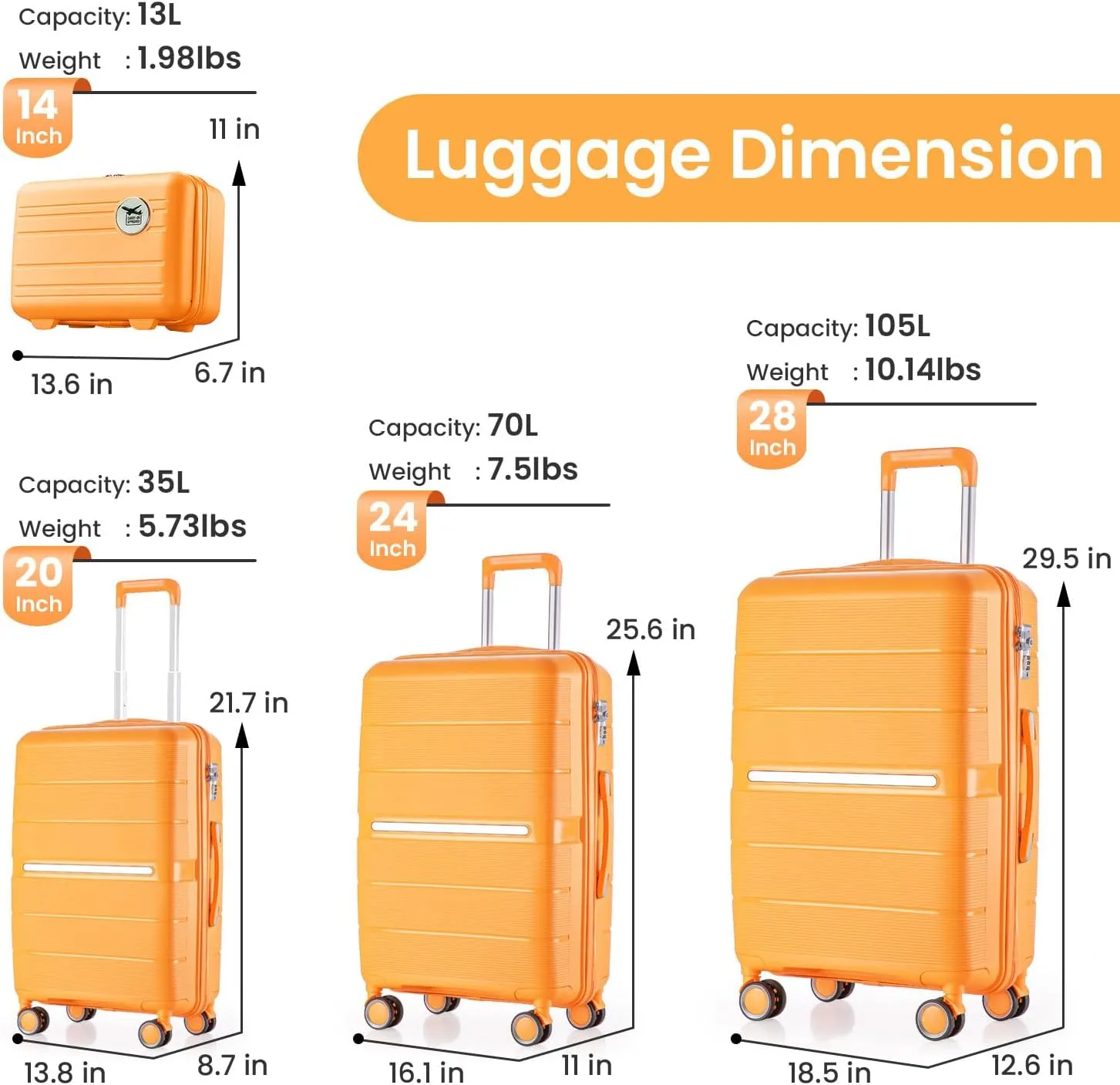 4-Piece Expandable Lightweight Luggage Set (14/20/24/28) with 4x Double 360 Silent Spinner Wheels, PP Hardshell Durable Suitcase & TSA Lock- Travel Essential (Orange)
