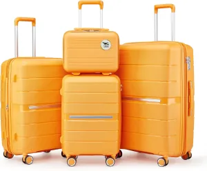 4-Piece Expandable Lightweight Luggage Set (14/20/24/28) with 4x Double 360 Silent Spinner Wheels, PP Hardshell Durable Suitcase & TSA Lock- Travel Essential (Orange)