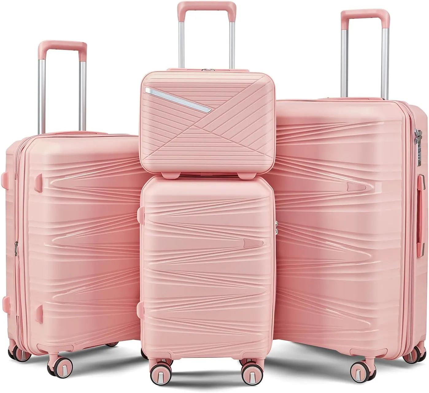 4-Piece Expandable Lightweight Luggage Set (14/20/24/28) with 4x Double 360 Silent Spinner Wheels, PP Hardshell Durable Suitcase & TSA Lock-Travel Essential (Pink)