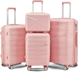 4-Piece Expandable Lightweight Luggage Set (14/20/24/28) with 4x Double 360 Silent Spinner Wheels, PP Hardshell Durable Suitcase & TSA Lock-Travel Essential (Pink)