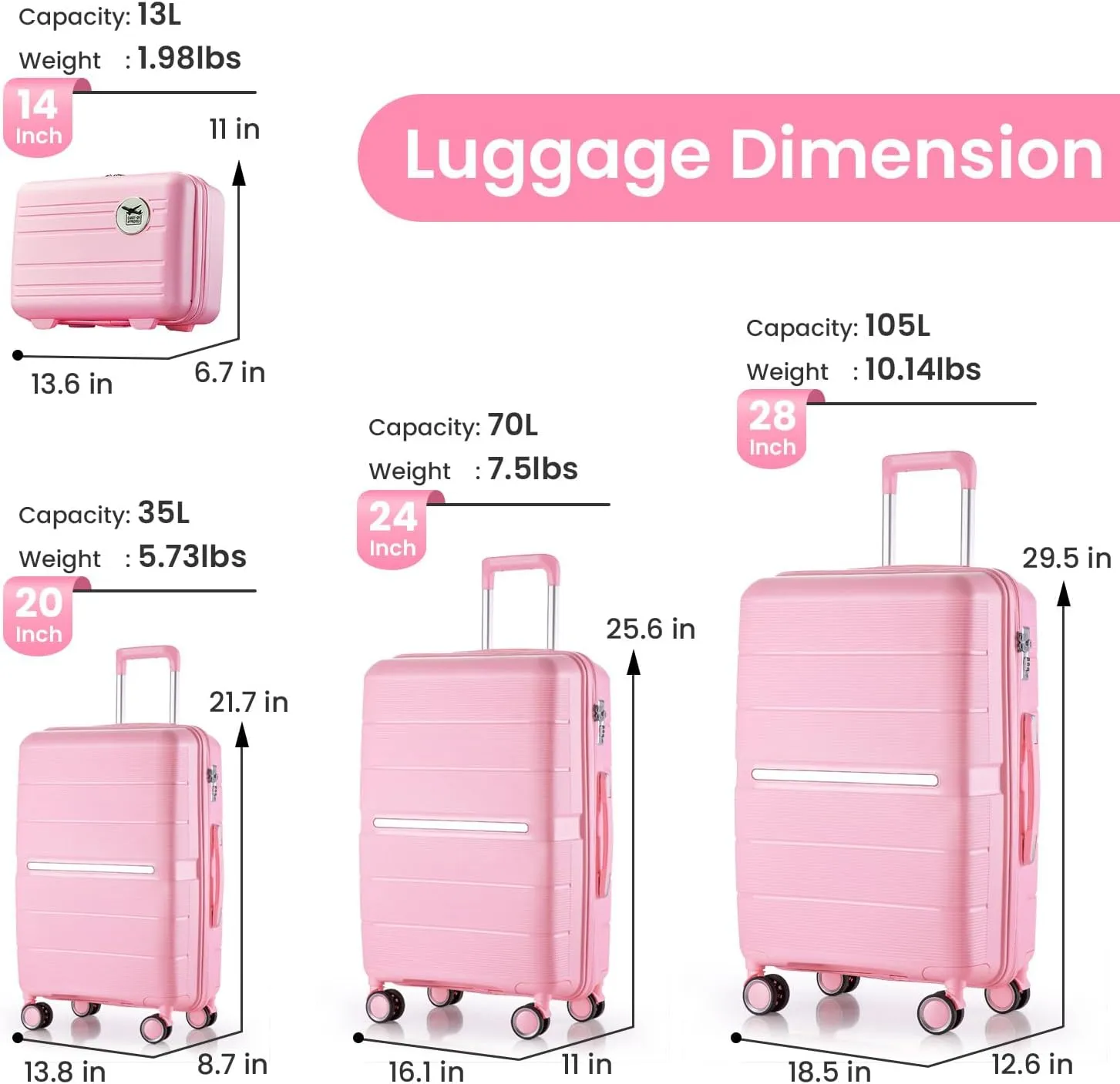 4-Piece Expandable Lightweight Luggage Set (14/20/24/28) with 4x Double 360 Silent Spinner Wheels, PP Hardshell Durable Suitcase & TSA Lock- Travel Essential (Pink)
