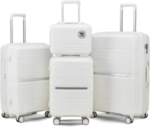 4-Piece Expandable Lightweight Luggage Set (14/20/24/28) with 4x Double 360 Silent Spinner Wheels, PP Hardshell Durable Suitcase & TSA Lock- Travel Essential (White)