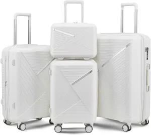 4-Piece Expandable Lightweight Luggage Set (14/20/24/28) with 4x Double 360 Silent Spinner Wheels, PP Hardshell Durable Suitcase & TSA Lock - Travel Essential (White)