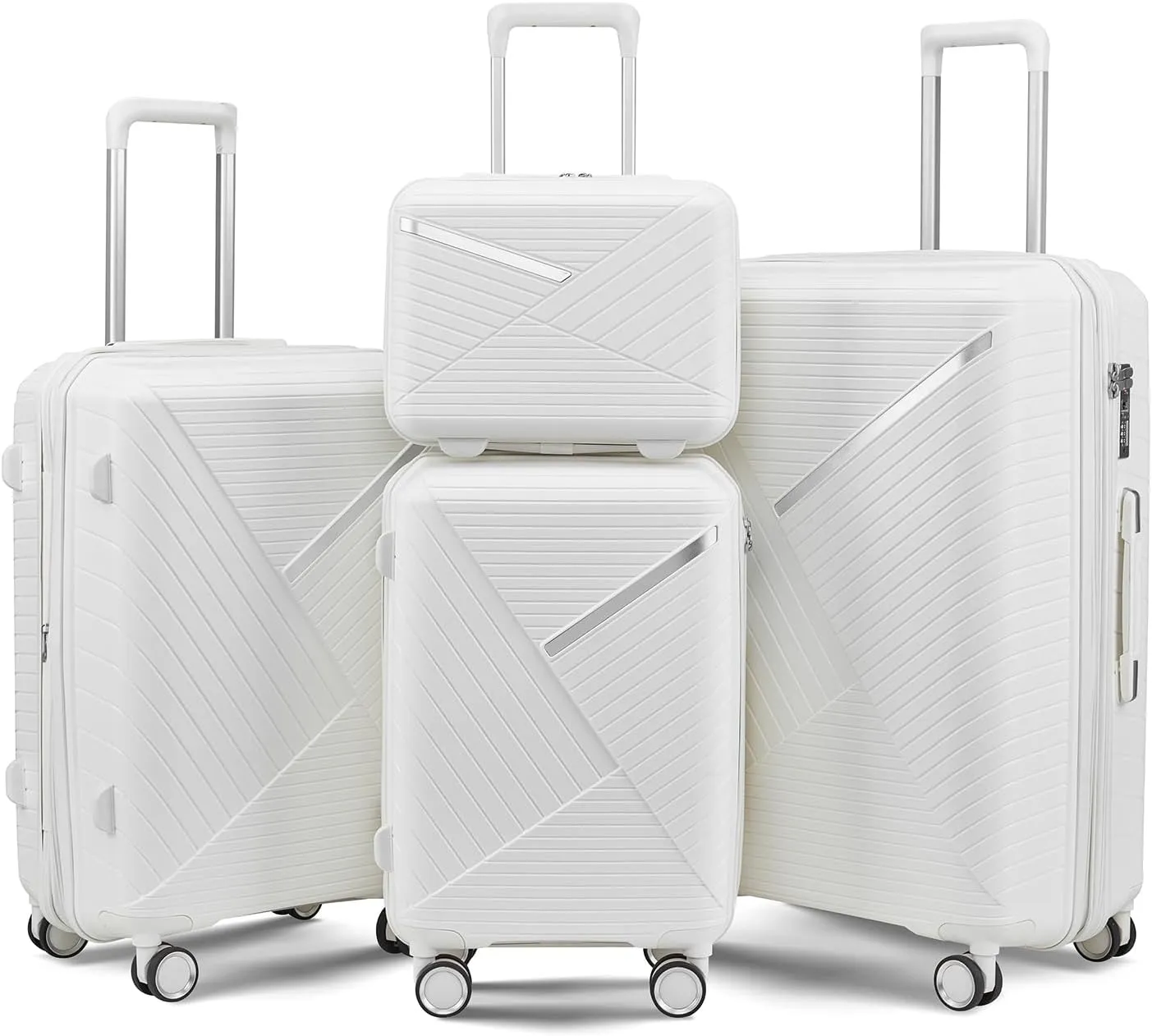 4-Piece Expandable Lightweight Luggage Set (14/20/24/28) with 4x Double 360 Silent Spinner Wheels, PP Hardshell Durable Suitcase & TSA Lock - Travel Essential (White)