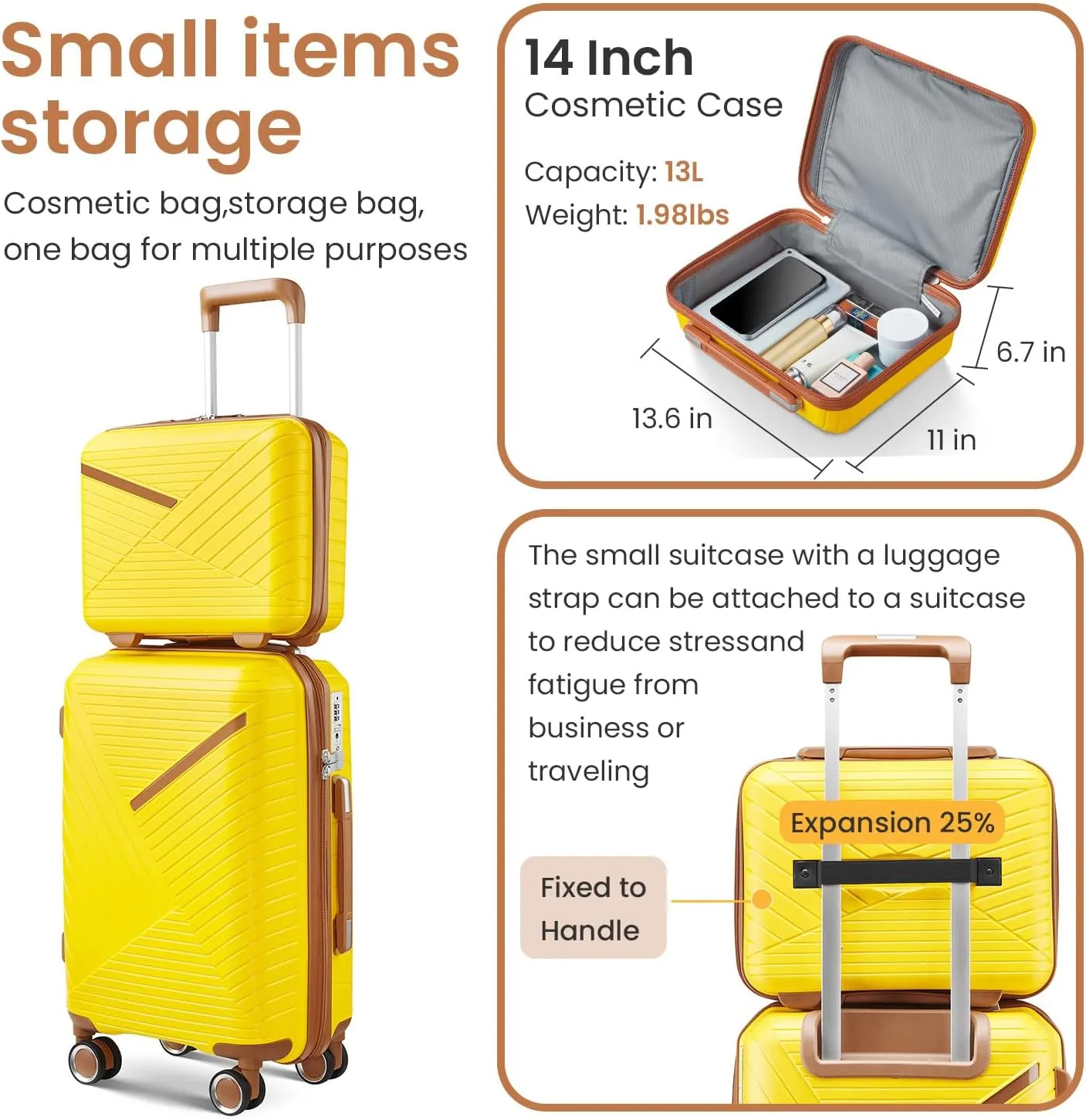 4-Piece Expandable Lightweight Luggage Set (14/20/24/28) with 4x Double 360 Silent Spinner Wheels, PP Hardshell Durable Suitcase & TSA Lock - Travel Essential (Yellow)