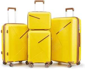 4-Piece Expandable Lightweight Luggage Set (14/20/24/28) with 4x Double 360 Silent Spinner Wheels, PP Hardshell Durable Suitcase & TSA Lock - Travel Essential (Yellow)