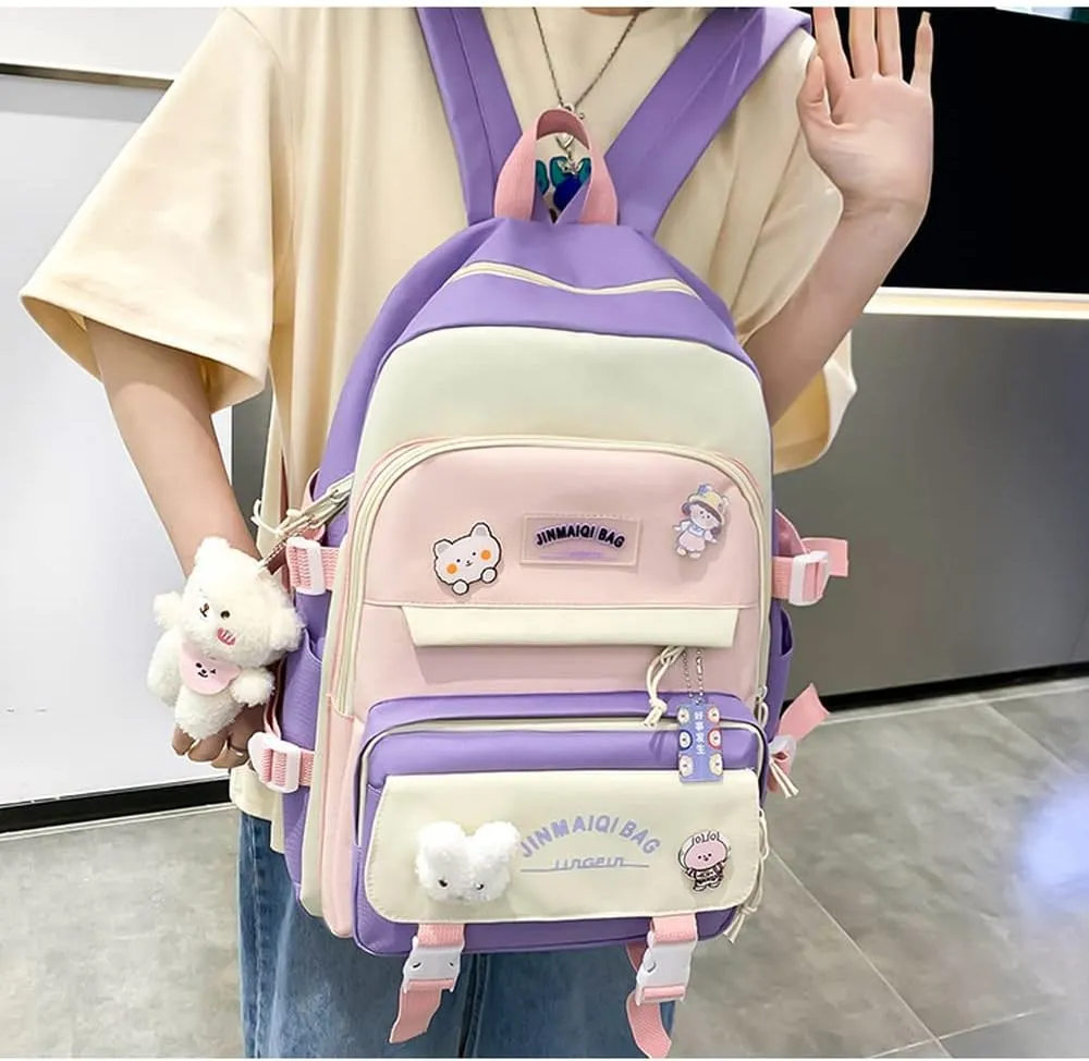 5Pcs Kawaii Anime Canvas School Backpack Combo Set with Pins Cute Bear Pendant Aesthetic Daypack School Essential Kit