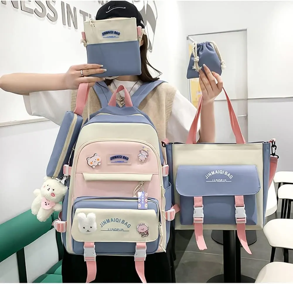 5Pcs Kawaii Anime Canvas School Backpack Combo Set with Pins Cute Bear Pendant Aesthetic Daypack School Essential Kit