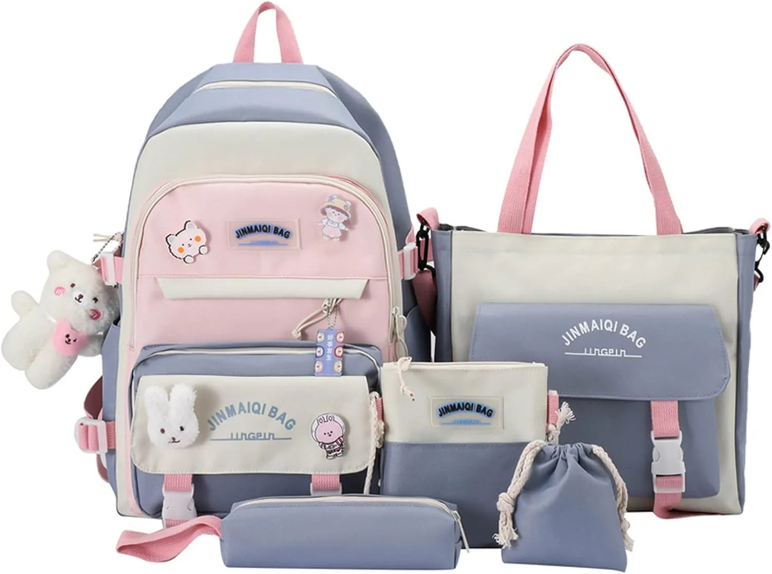 5Pcs Kawaii Anime Canvas School Backpack Combo Set with Pins Cute Bear Pendant Aesthetic Daypack School Essential Kit