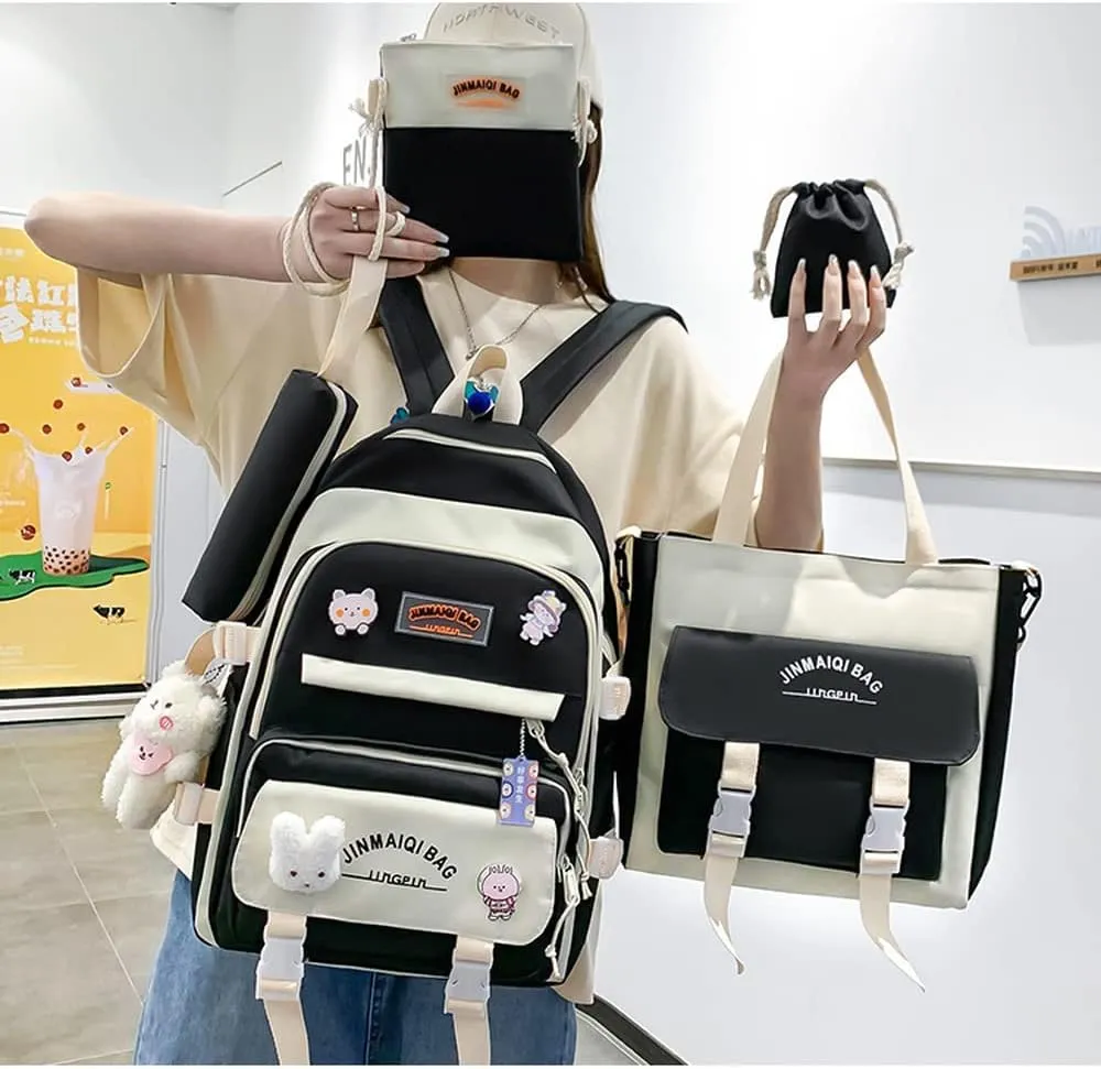 5Pcs Kawaii Anime Canvas School Backpack Combo Set with Pins Cute Bear Pendant Aesthetic Daypack School Essential Kit