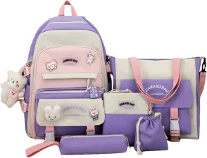 5Pcs Kawaii Anime Canvas School Backpack Combo Set with Pins Cute Bear Pendant Aesthetic Daypack School Essential Kit