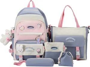 5Pcs Kawaii Anime Canvas School Backpack Combo Set with Pins Cute Bear Pendant Aesthetic Daypack School Essential Kit