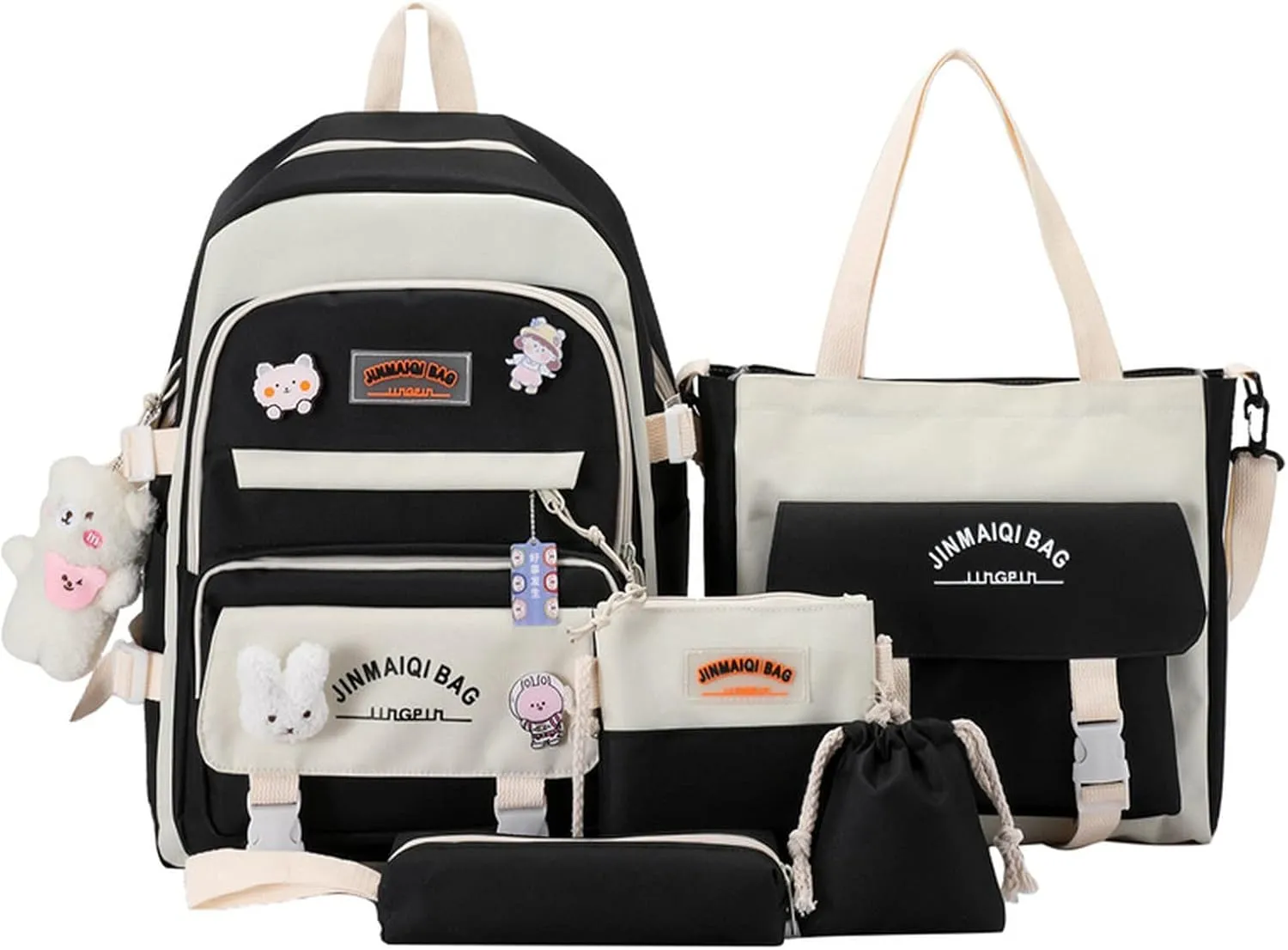 5Pcs Kawaii Anime Canvas School Backpack Combo Set with Pins Cute Bear Pendant Aesthetic Daypack School Essential Kit