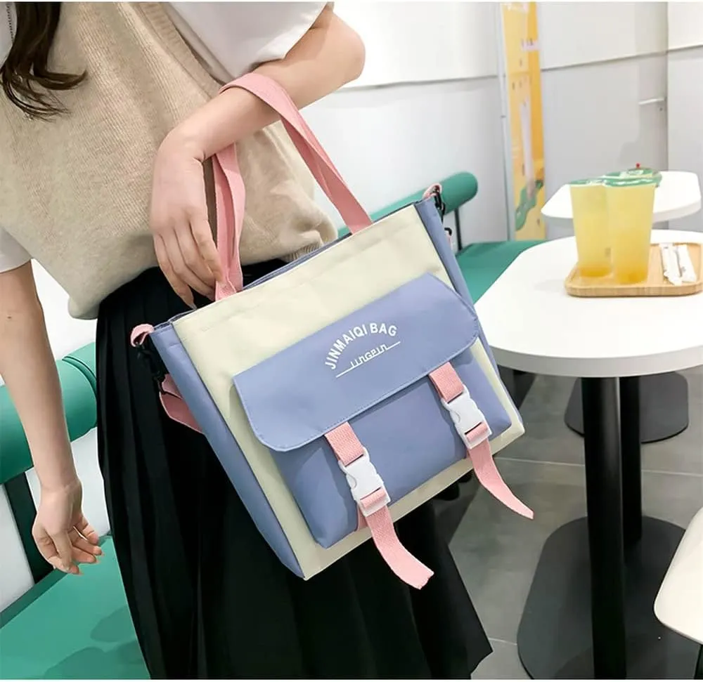 5Pcs Kawaii Anime Canvas School Backpack Combo Set with Pins Cute Bear Pendant Aesthetic Daypack School Essential Kit