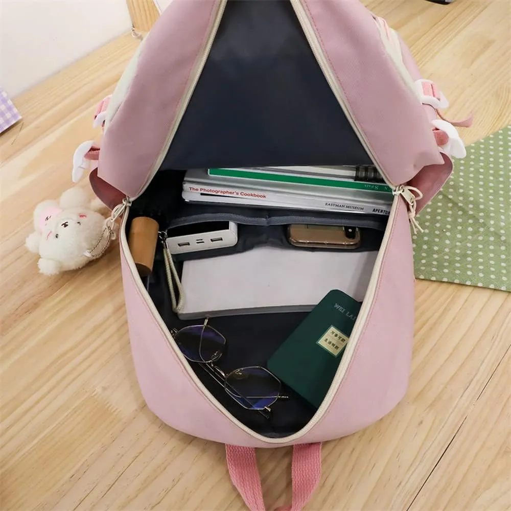 5Pcs Kawaii Anime Canvas School Backpack Combo Set with Pins Cute Bear Pendant Aesthetic Daypack School Essential Kit