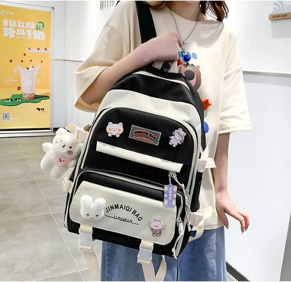 5Pcs Kawaii Anime Canvas School Backpack Combo Set with Pins Cute Bear Pendant Aesthetic Daypack School Essential Kit
