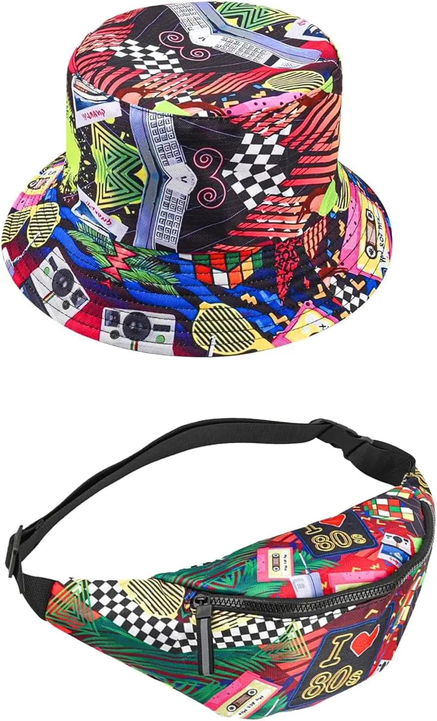 80s Fanny Pack Bucket Hat Set for Women Men Neon Waist Bag 90s Hat Retro Casual Outfit for 1980s Costume