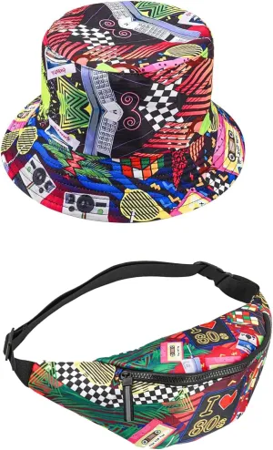 80s Fanny Pack Bucket Hat Set for Women Men Neon Waist Bag 90s Hat Retro Casual Outfit for 1980s Costume