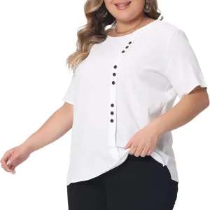 Agnes Orinda Plus Size Top for Women Short Sleeve Round Neck Cotton Linen Blouses Top T Shirt