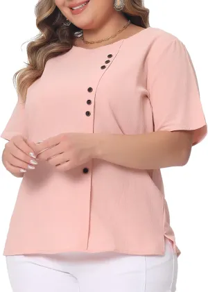 Agnes Orinda Plus Size Top for Women Short Sleeve Round Neck Cotton Linen Blouses Top T Shirt