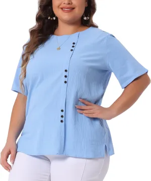 Agnes Orinda Plus Size Top for Women Short Sleeve Round Neck Cotton Linen Blouses Top T Shirt