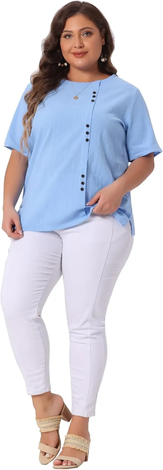 Agnes Orinda Plus Size Top for Women Short Sleeve Round Neck Cotton Linen Blouses Top T Shirt