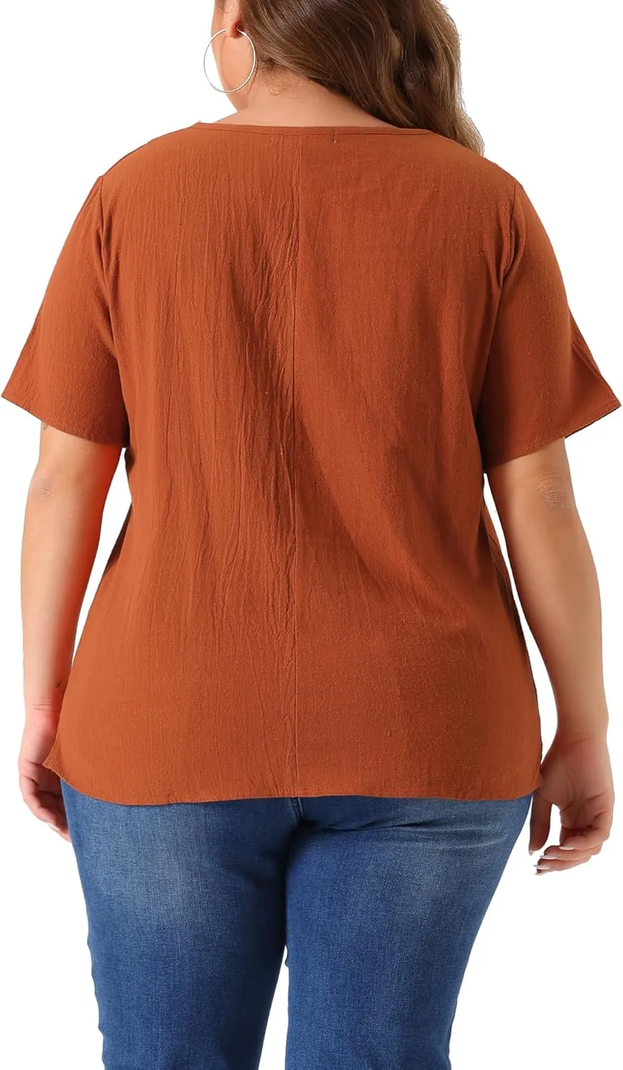 Agnes Orinda Plus Size Top for Women Short Sleeve Round Neck Cotton Linen Blouses Top T Shirt