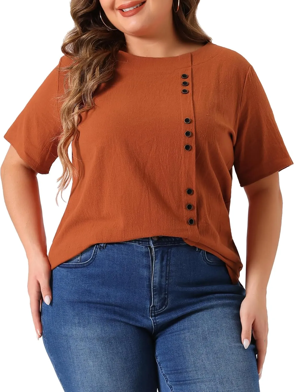 Agnes Orinda Plus Size Top for Women Short Sleeve Round Neck Cotton Linen Blouses Top T Shirt