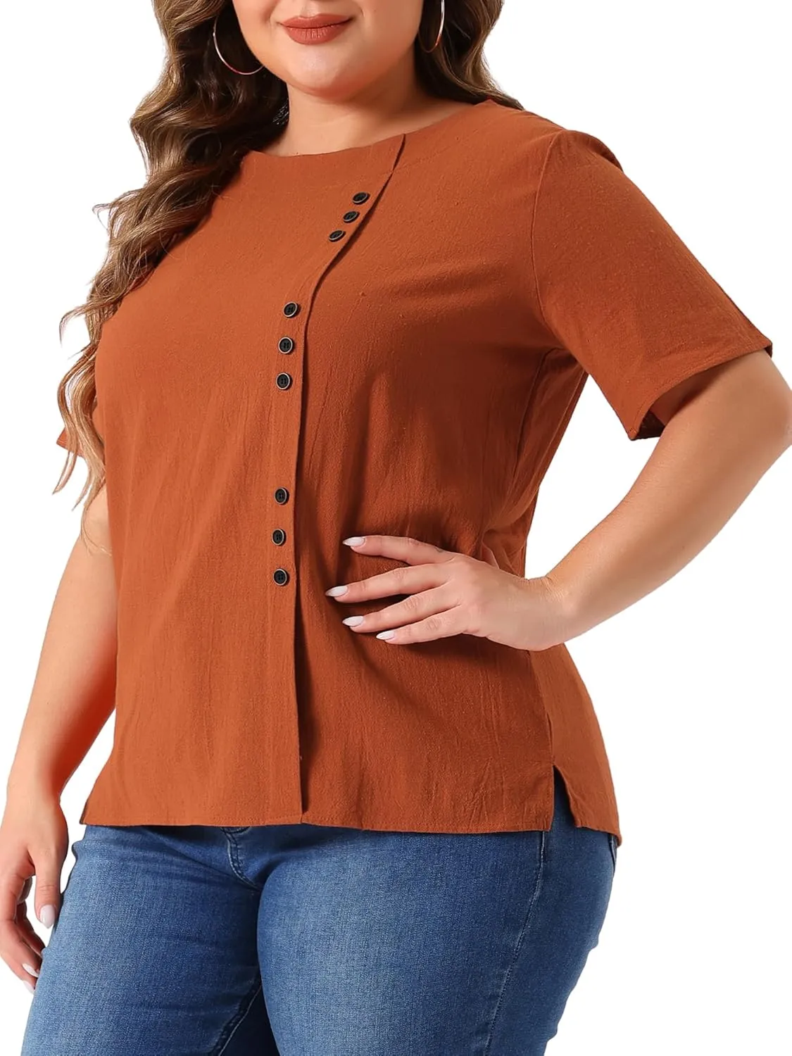 Agnes Orinda Plus Size Top for Women Short Sleeve Round Neck Cotton Linen Blouses Top T Shirt