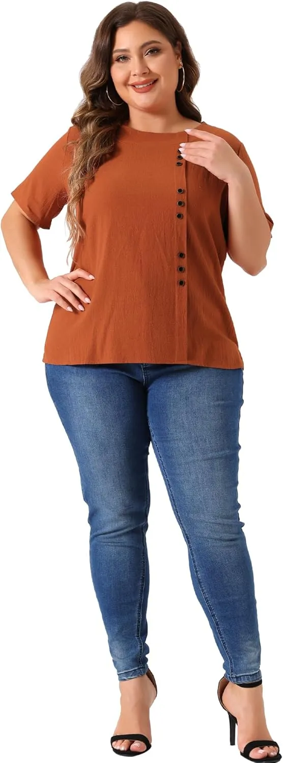 Agnes Orinda Plus Size Top for Women Short Sleeve Round Neck Cotton Linen Blouses Top T Shirt