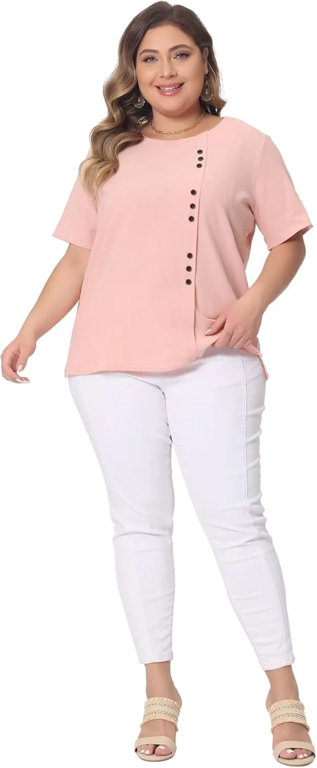 Agnes Orinda Plus Size Top for Women Short Sleeve Round Neck Cotton Linen Blouses Top T Shirt
