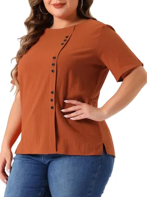 Agnes Orinda Plus Size Top for Women Short Sleeve Round Neck Cotton Linen Blouses Top T Shirt