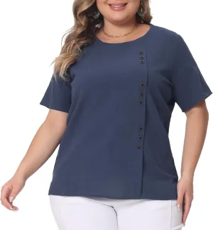 Agnes Orinda Plus Size Top for Women Short Sleeve Round Neck Cotton Linen Blouses Top T Shirt