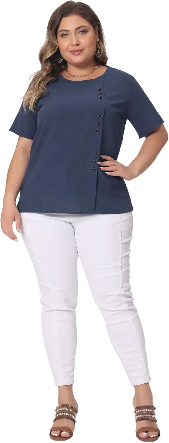 Agnes Orinda Plus Size Top for Women Short Sleeve Round Neck Cotton Linen Blouses Top T Shirt