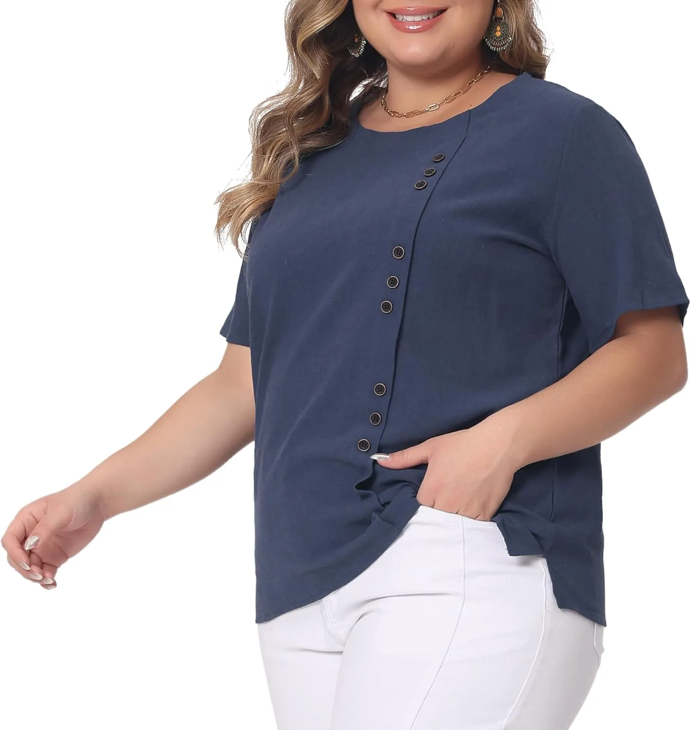 Agnes Orinda Plus Size Top for Women Short Sleeve Round Neck Cotton Linen Blouses Top T Shirt