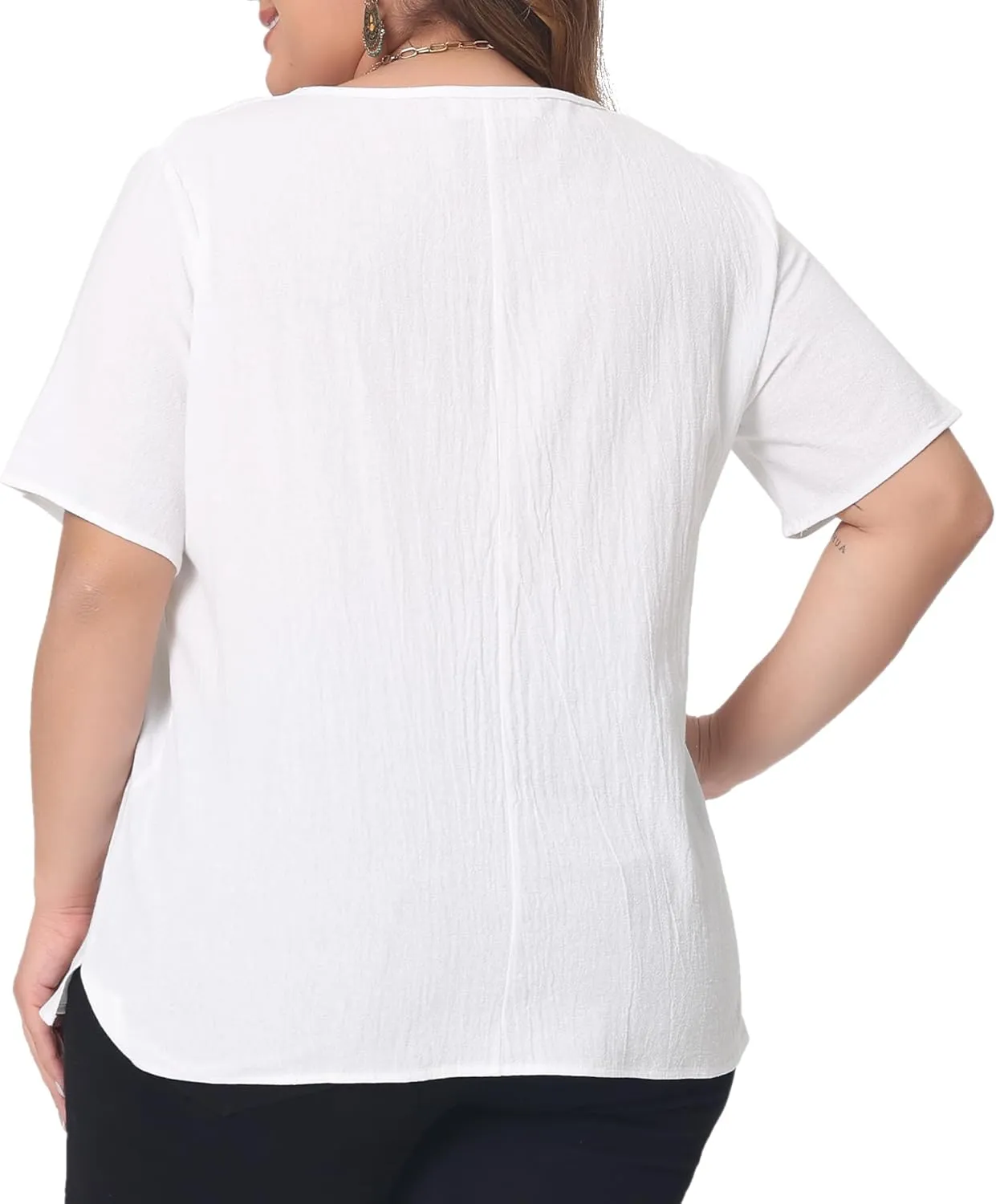 Agnes Orinda Plus Size Top for Women Short Sleeve Round Neck Cotton Linen Blouses Top T Shirt