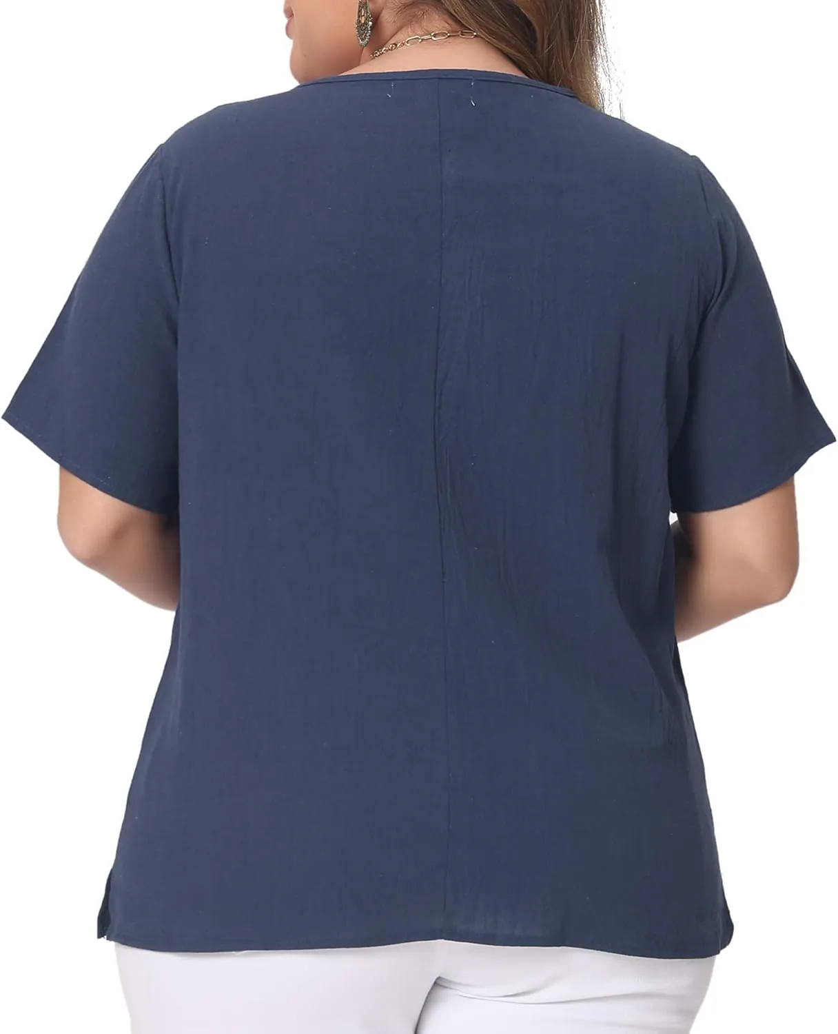 Agnes Orinda Plus Size Top for Women Short Sleeve Round Neck Cotton Linen Blouses Top T Shirt