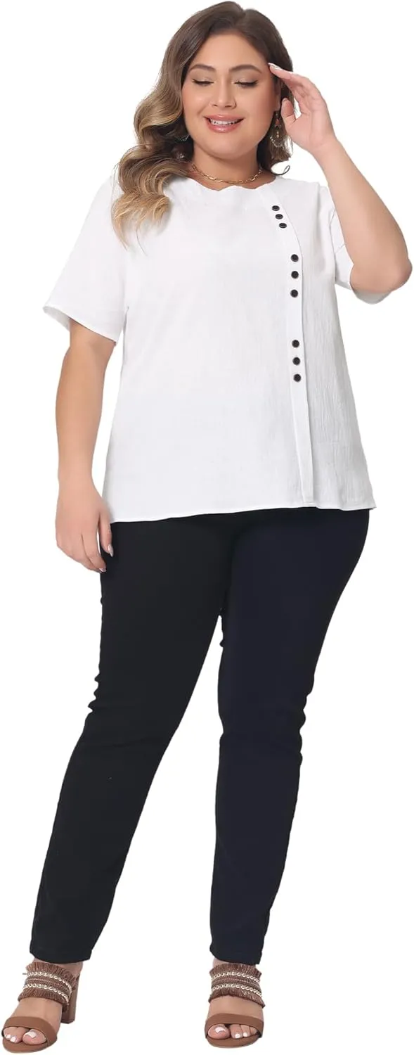 Agnes Orinda Plus Size Top for Women Short Sleeve Round Neck Cotton Linen Blouses Top T Shirt