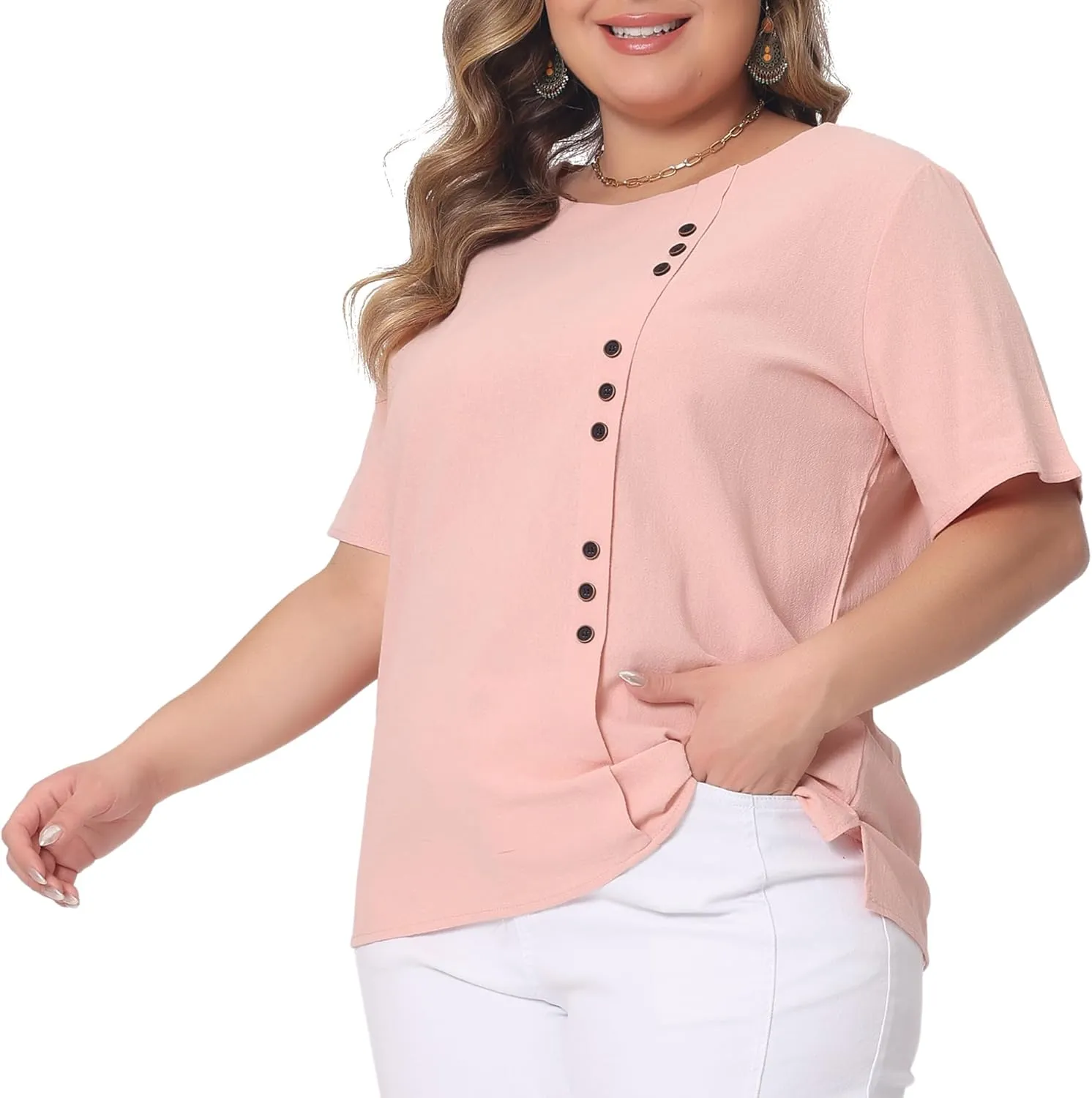 Agnes Orinda Plus Size Top for Women Short Sleeve Round Neck Cotton Linen Blouses Top T Shirt