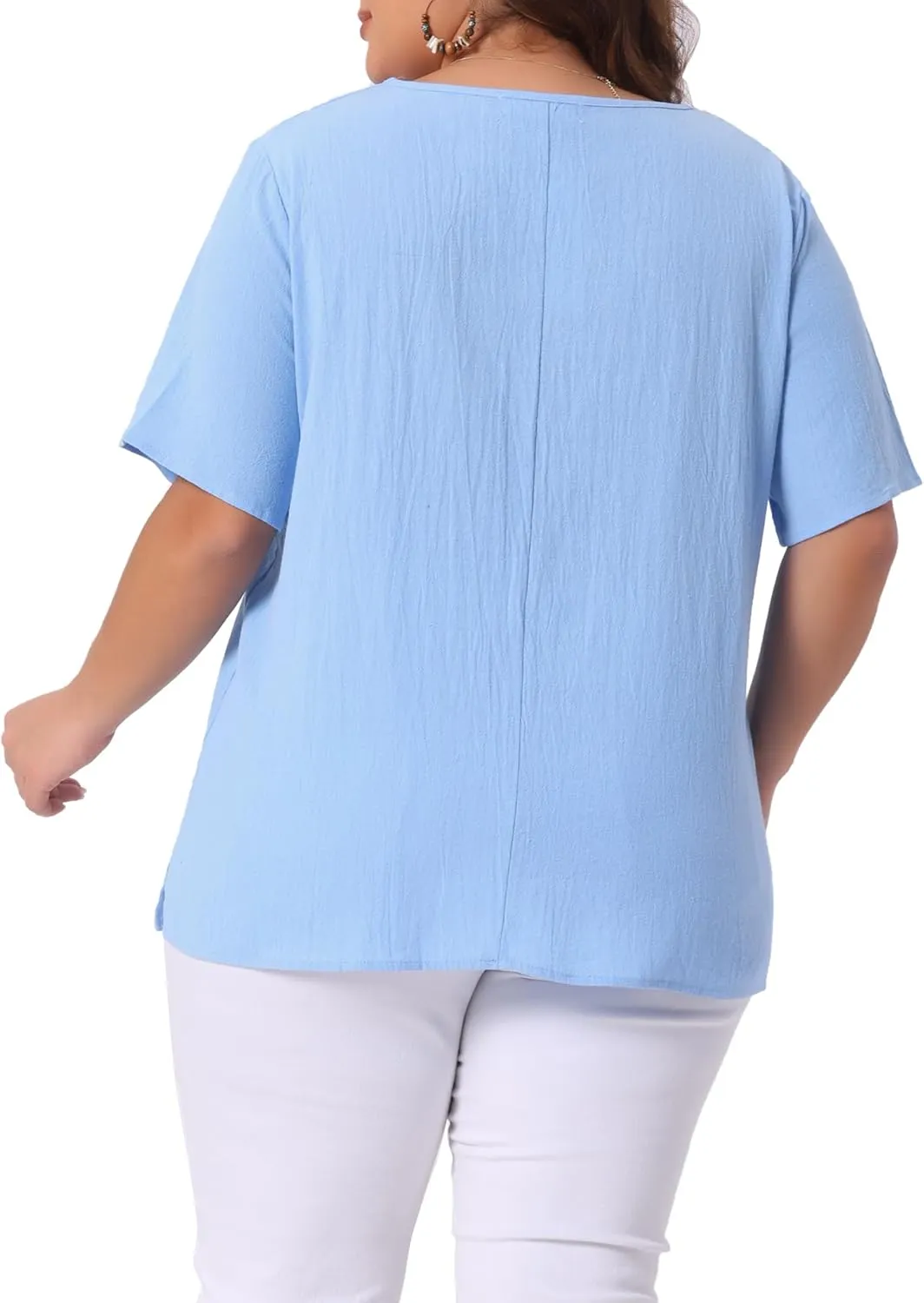 Agnes Orinda Plus Size Top for Women Short Sleeve Round Neck Cotton Linen Blouses Top T Shirt