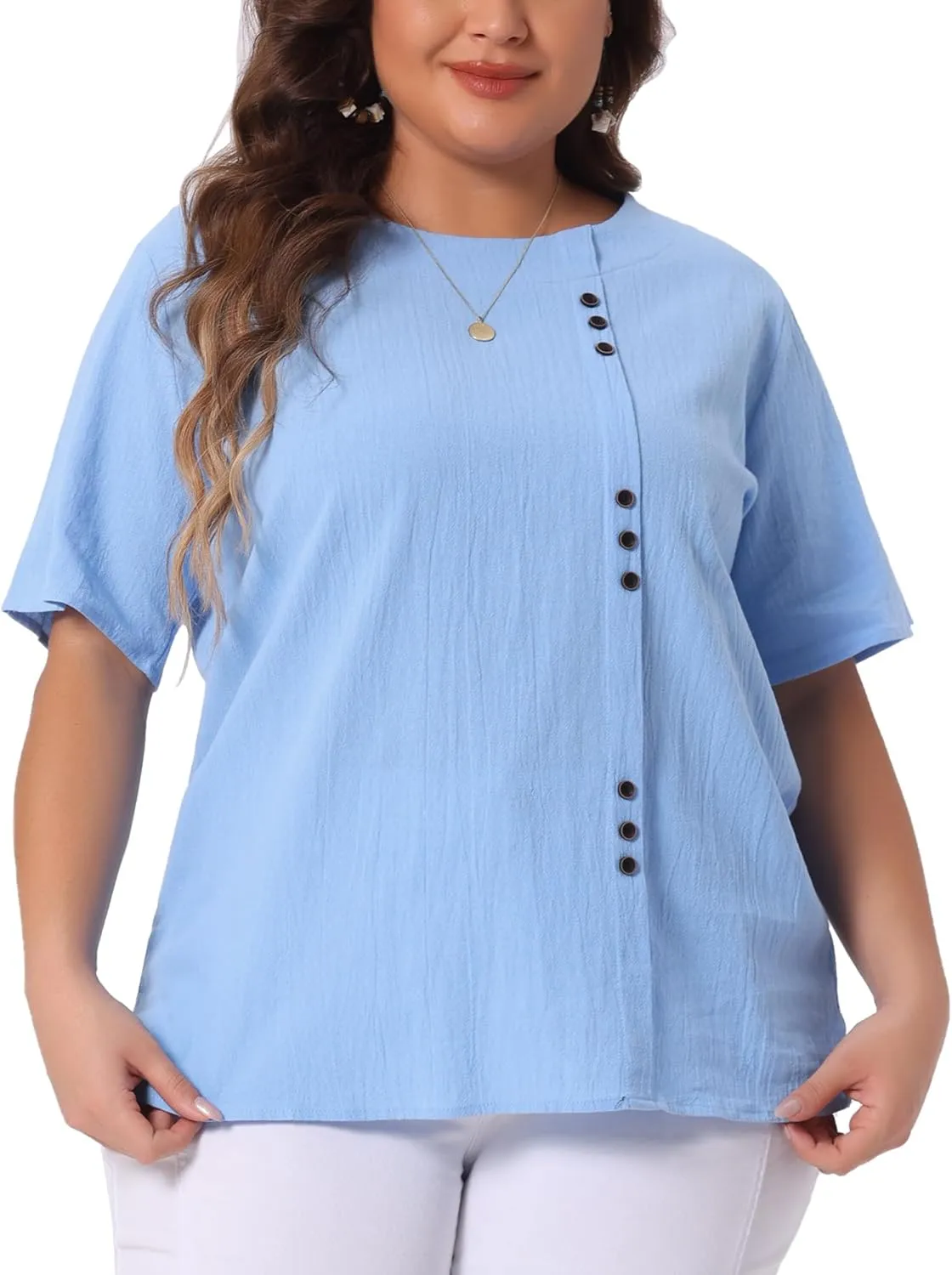 Agnes Orinda Plus Size Top for Women Short Sleeve Round Neck Cotton Linen Blouses Top T Shirt