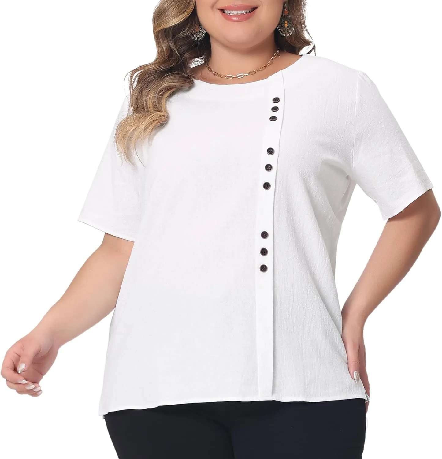 Agnes Orinda Plus Size Top for Women Short Sleeve Round Neck Cotton Linen Blouses Top T Shirt