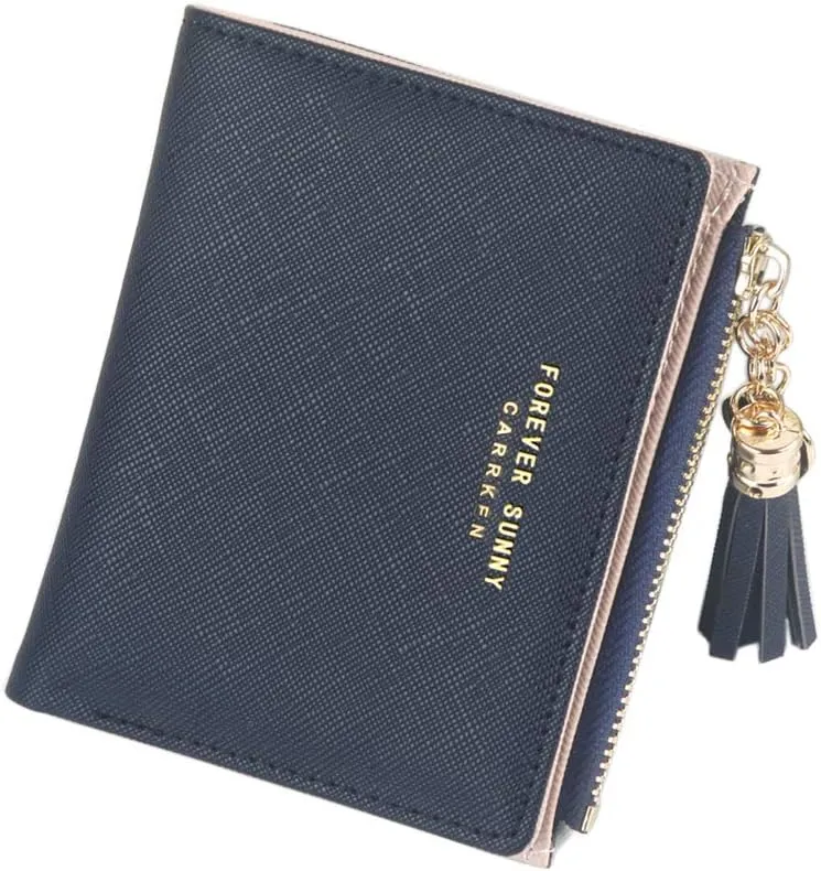 Belsmi Women's Small Compact Slim Leather Mini Wallet Lady Purse Zipper Pocket Card Organizer Bifold Wallets (Black)