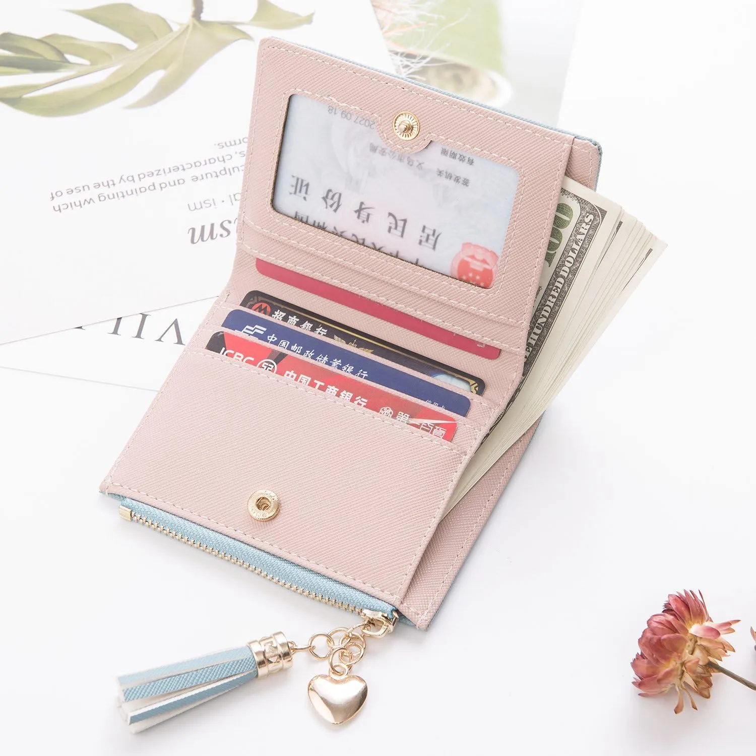 Belsmi Women's Small Compact Slim Leather Mini Wallet RFID Blocking Lady Purse Zipper Pocket Card Organizer Bifold Wallets (Pink Beige)